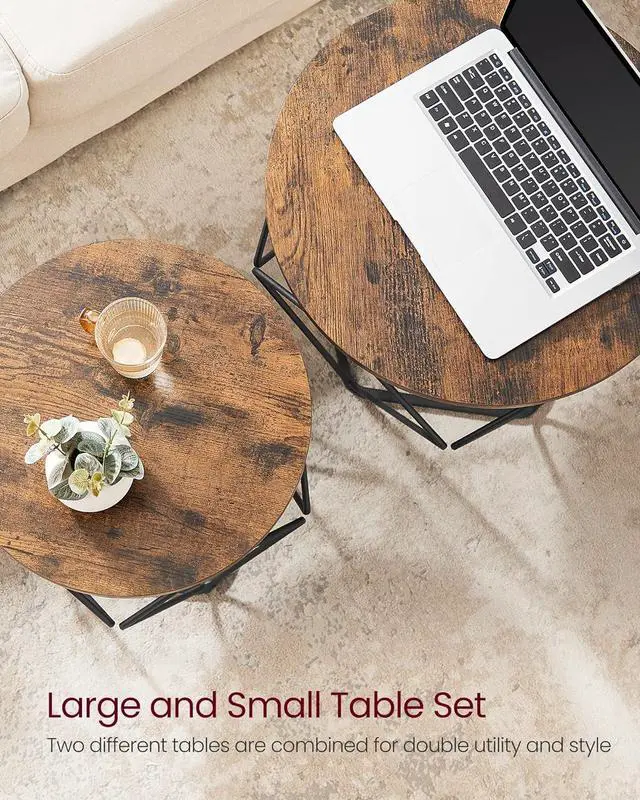 Alt view image 7 of 7 - VASAGLE Small Coffee Table Set of 2, Round Coffee Table with Steel Frame, Side End Table for Living Room, Bedroom, Office, Rustic Brown and Black