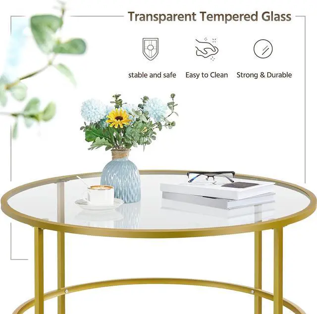 Alt view image 6 of 7 - Yaheetech Gold Glass Coffee Table for Living Room, 36" Round Glass Coffee Table with Metal Frame, Modern Circle Coffee Table for Home, Office, Apartment