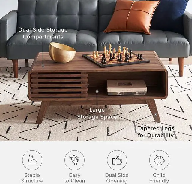 Alt view image 4 of 7 - mopio Ensley Coffee Table with Storage, Mid Century Modern, Farmhouse Wood Coffee Table for Living Room Fluted (Walnut)