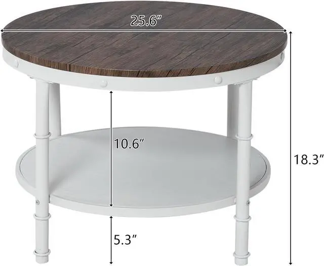 Alt view image 2 of 7 - VINGLI 25.6" Round Farmhouse Coffee Table with Storage, Dark Walnut White