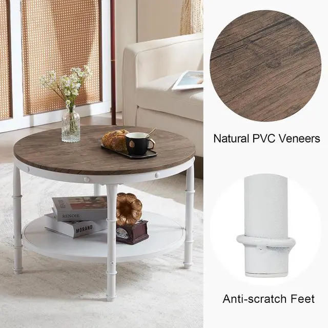 Alt view image 3 of 7 - VINGLI 25.6" Round Farmhouse Coffee Table with Storage, Dark Walnut White