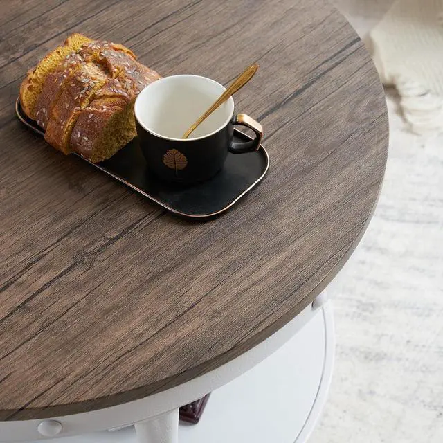 Alt view image 4 of 7 - VINGLI 25.6" Round Farmhouse Coffee Table with Storage, Dark Walnut White