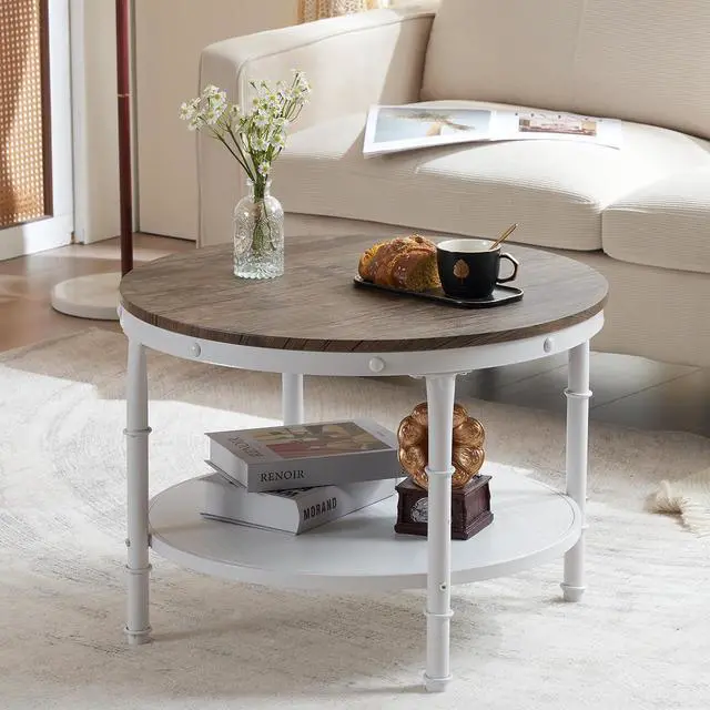 Alt view image 5 of 7 - VINGLI 25.6" Round Farmhouse Coffee Table with Storage, Dark Walnut White