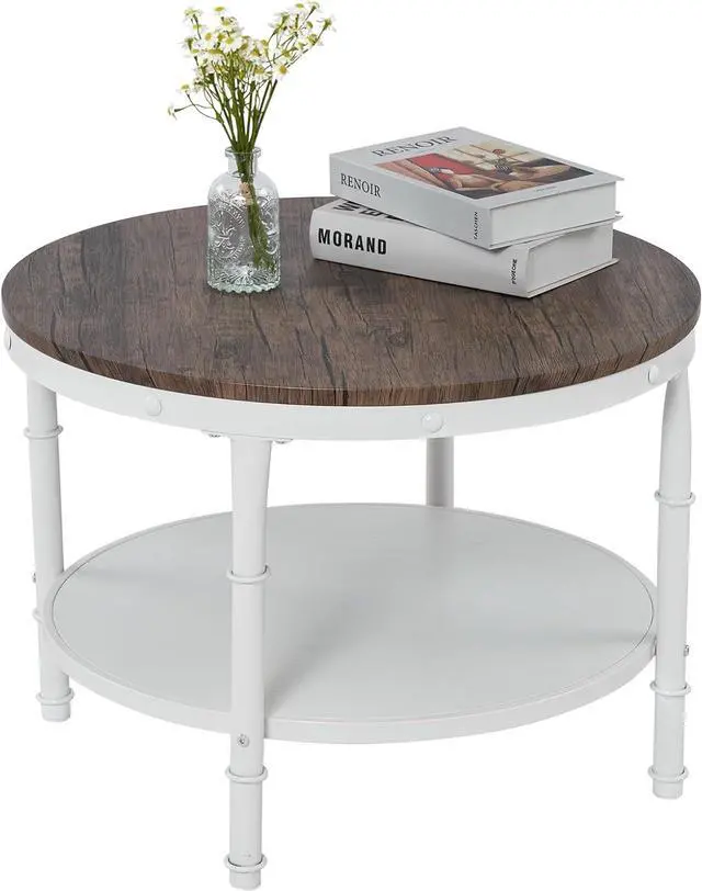 Alt view image 6 of 7 - VINGLI 25.6" Round Farmhouse Coffee Table with Storage, Dark Walnut White