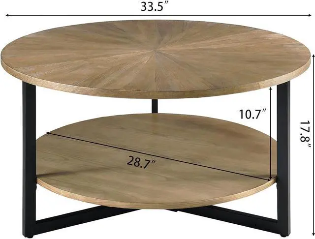 Alt view image 2 of 7 - LEEMTORIG Round Wood Coffee Table for Living Room, Circle Round Coffee Table, Farmhouse Solid Wood Drum Coffee Table with Storage, Yellowish Brown Wood Tabletop & Black Metal Frame, KFZ-1338
