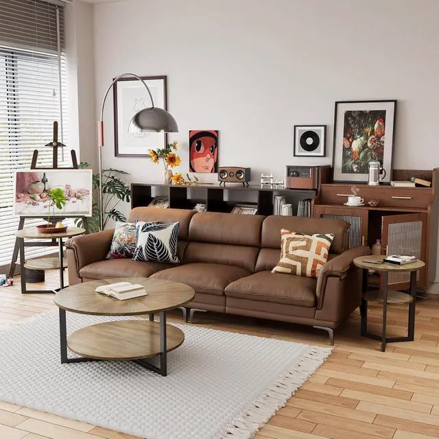 Alt view image 6 of 7 - LEEMTORIG Round Wood Coffee Table for Living Room, Circle Round Coffee Table, Farmhouse Solid Wood Drum Coffee Table with Storage, Yellowish Brown Wood Tabletop & Black Metal Frame, KFZ-1338