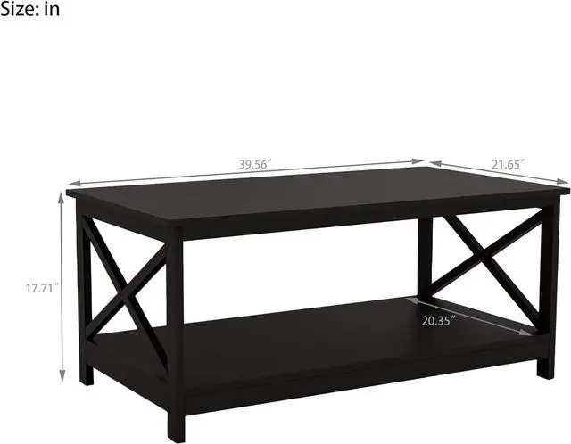 Alt view image 2 of 7 - Locsear Black Coffee Table for Living Room with Storage Simple Center Table with 1 Shelf and X Shape Design, Rectangular