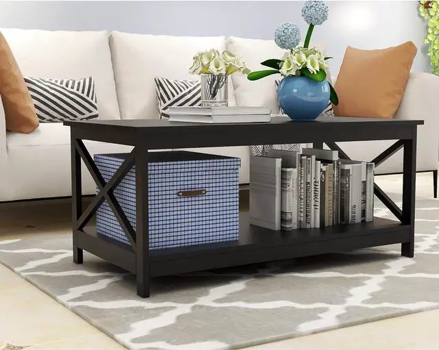 Alt view image 4 of 7 - Locsear Black Coffee Table for Living Room with Storage Simple Center Table with 1 Shelf and X Shape Design, Rectangular