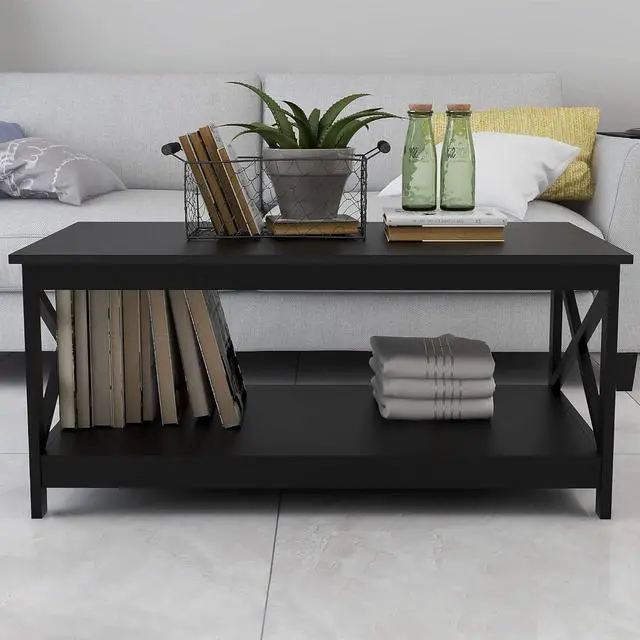 Alt view image 3 of 7 - Locsear Black Coffee Table for Living Room with Storage Simple Center Table with 1 Shelf and X Shape Design, Rectangular