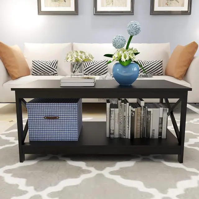 Alt view image 5 of 7 - Locsear Black Coffee Table for Living Room with Storage Simple Center Table with 1 Shelf and X Shape Design, Rectangular