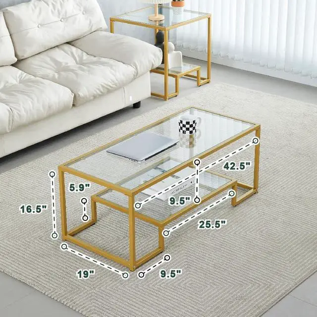 Alt view image 2 of 7 - Golden Metal Glass Coffee Table - Two-Tiered with Tempered Glass, Stylish Metal Frame Coffee Table for Bedroom, Dining Room, Office Room.