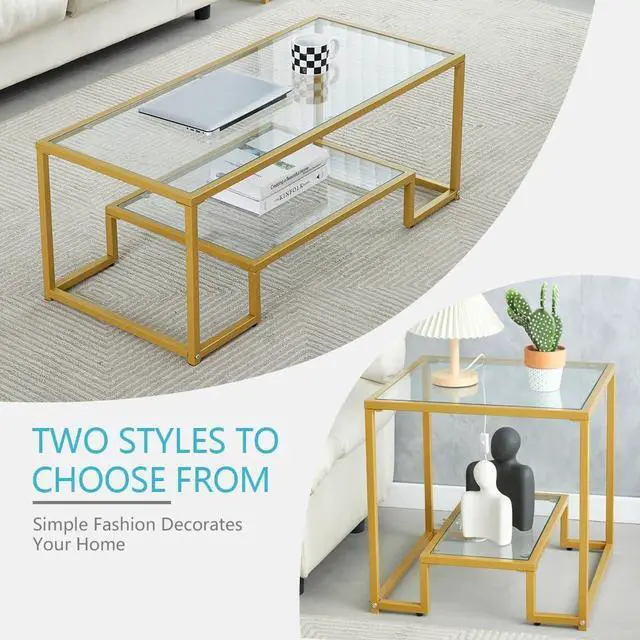 Alt view image 5 of 7 - Golden Metal Glass Coffee Table - Two-Tiered with Tempered Glass, Stylish Metal Frame Coffee Table for Bedroom, Dining Room, Office Room.