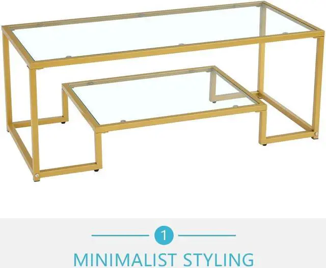 Alt view image 7 of 7 - Golden Metal Glass Coffee Table - Two-Tiered with Tempered Glass, Stylish Metal Frame Coffee Table for Bedroom, Dining Room, Office Room.
