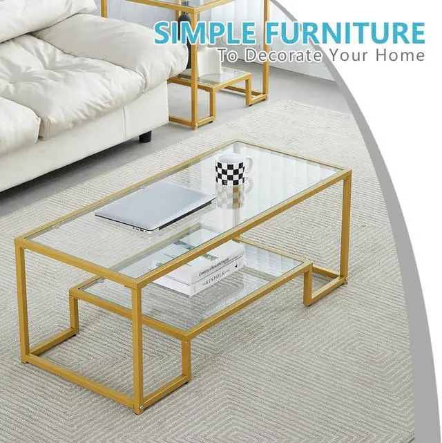 Alt view image 6 of 7 - Golden Metal Glass Coffee Table - Two-Tiered with Tempered Glass, Stylish Metal Frame Coffee Table for Bedroom, Dining Room, Office Room.
