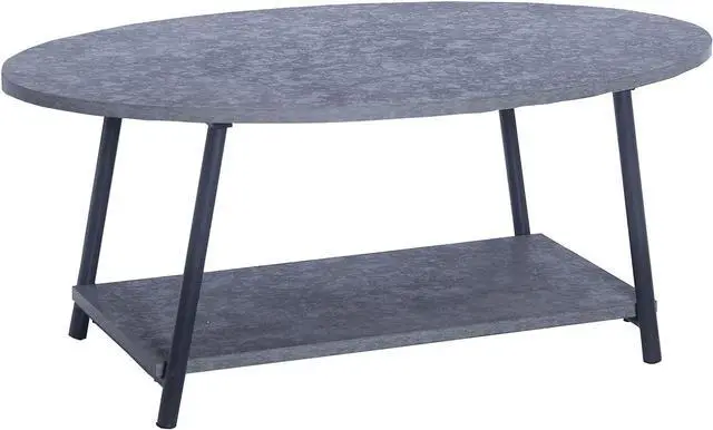 Main image of Household Essentials Oval Coffee Table with Storage Shelf in Rustic Concrete Finish and Black Metal Frame, Slate Finish