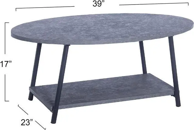 Alt view image 3 of 4 - Household Essentials Oval Coffee Table with Storage Shelf in Rustic Concrete Finish and Black Metal Frame, Slate Finish