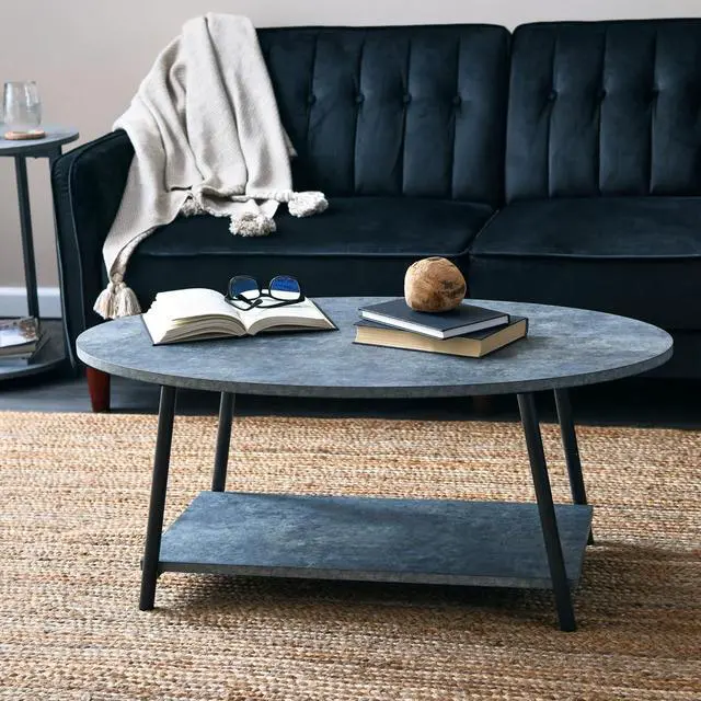Alt view image 2 of 4 - Household Essentials Oval Coffee Table with Storage Shelf in Rustic Concrete Finish and Black Metal Frame, Slate Finish