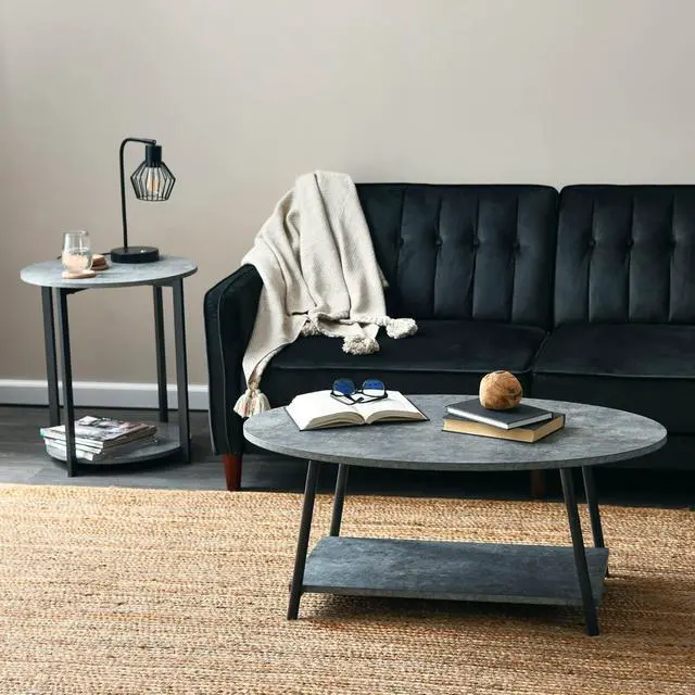 Alt view image 4 of 4 - Household Essentials Oval Coffee Table with Storage Shelf in Rustic Concrete Finish and Black Metal Frame, Slate Finish
