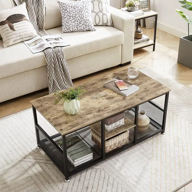 Alt view image 5 of 7 - VECELO Coffee Center Table with Storage for Living Room Office Reception, Industrial Mesh Shelf, 39.4 Inch, Grey