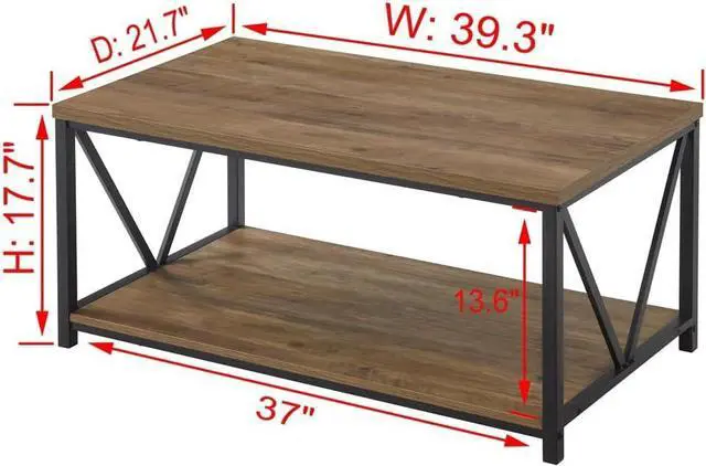 Alt view image 2 of 7 - FOLUBAN Rustic Coffee Table with Storage Shelf, Vintage Wood and Metal Cocktail Table for Living Room, Oak