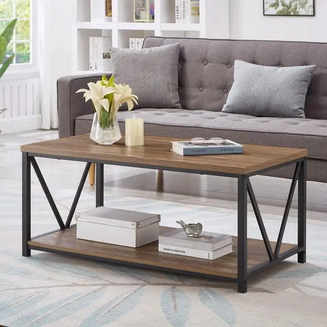 Alt view image 3 of 7 - FOLUBAN Rustic Coffee Table with Storage Shelf, Vintage Wood and Metal Cocktail Table for Living Room, Oak