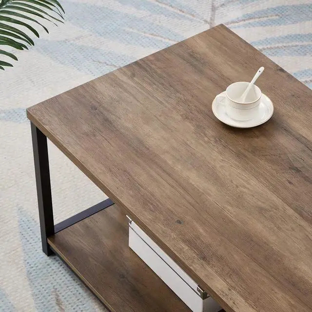 Alt view image 4 of 7 - FOLUBAN Rustic Coffee Table with Storage Shelf, Vintage Wood and Metal Cocktail Table for Living Room, Oak