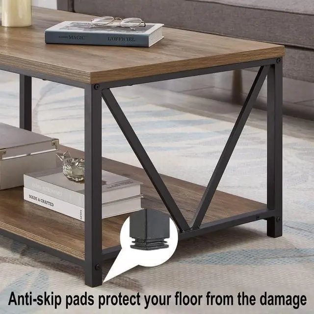 Alt view image 5 of 7 - FOLUBAN Rustic Coffee Table with Storage Shelf, Vintage Wood and Metal Cocktail Table for Living Room, Oak