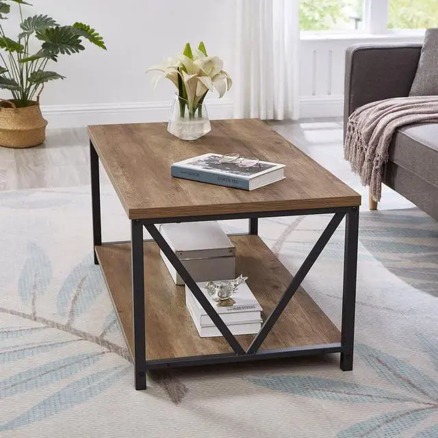 Alt view image 7 of 7 - FOLUBAN Rustic Coffee Table with Storage Shelf, Vintage Wood and Metal Cocktail Table for Living Room, Oak
