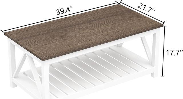 Alt view image 2 of 7 - ChooChoo Farmhouse Coffee Table, Rustic Vintage Living Room Table with Shelf, 40 White