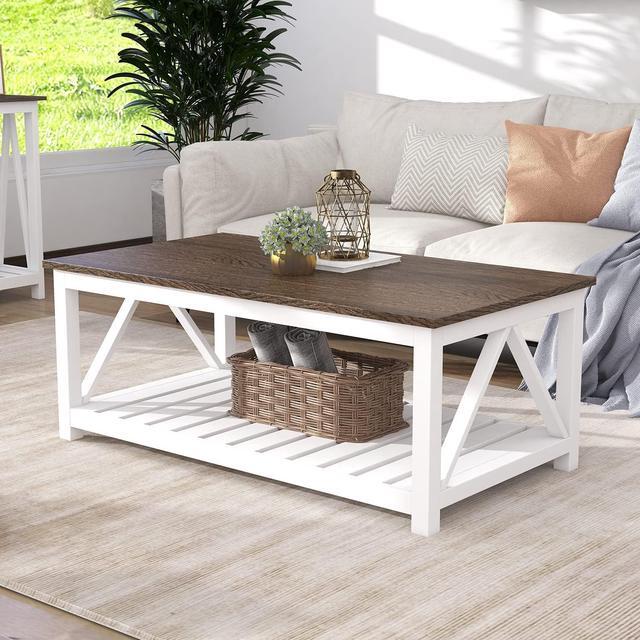 Main image of ChooChoo Farmhouse Coffee Table, Rustic Vintage Living Room Table with Shelf, 40 White