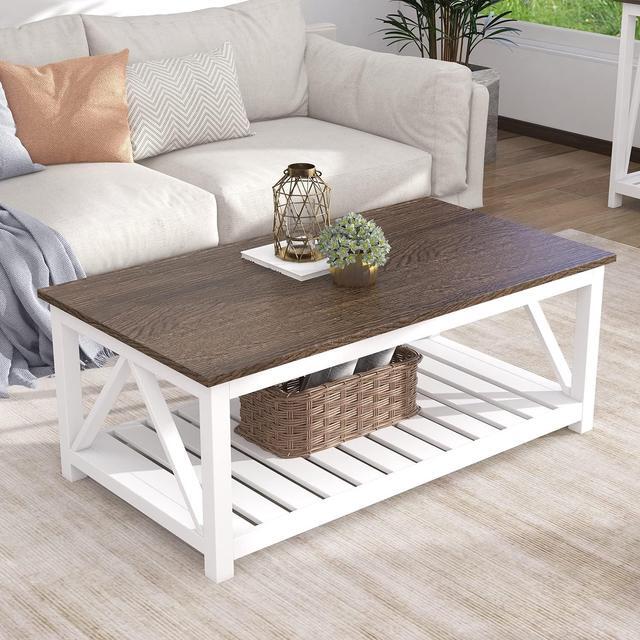 Alt view image 4 of 7 - ChooChoo Farmhouse Coffee Table, Rustic Vintage Living Room Table with Shelf, 40 White