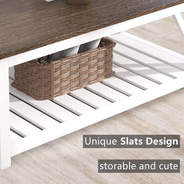 Alt view image 5 of 7 - ChooChoo Farmhouse Coffee Table, Rustic Vintage Living Room Table with Shelf, 40 White
