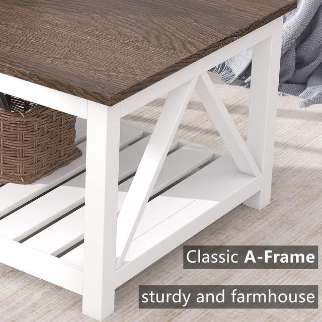 Alt view image 6 of 7 - ChooChoo Farmhouse Coffee Table, Rustic Vintage Living Room Table with Shelf, 40 White