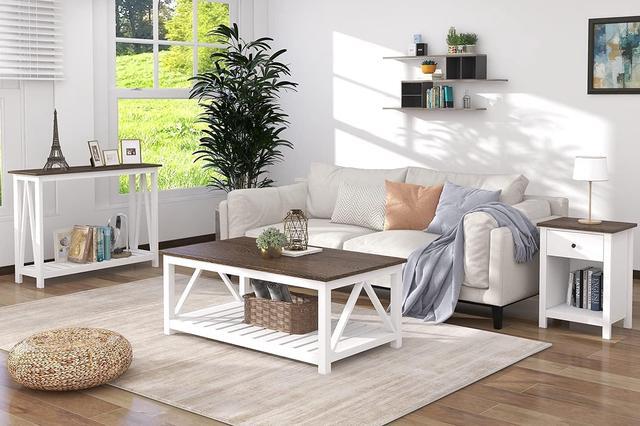 Alt view image 7 of 7 - ChooChoo Farmhouse Coffee Table, Rustic Vintage Living Room Table with Shelf, 40 White