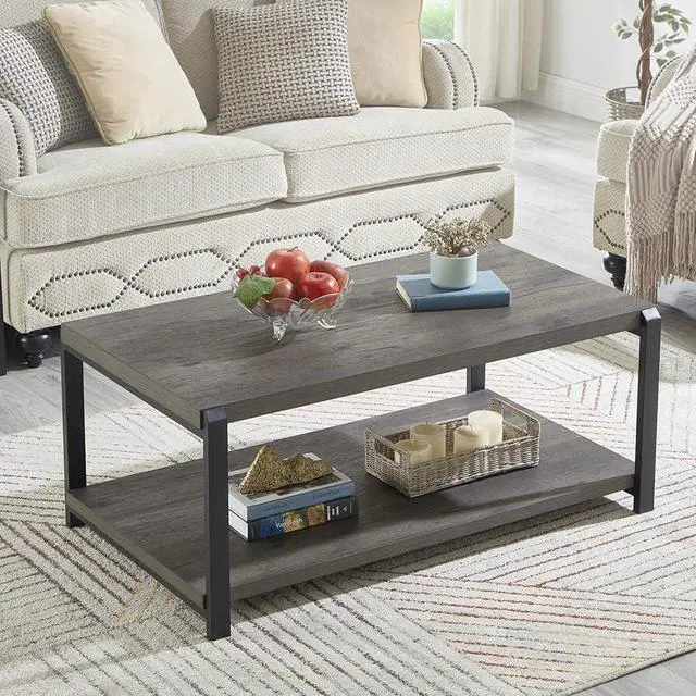 Main image of EXCEFUR Coffee Table with Storage Shelf, Rustic Wood and Metal Cocktail Table for Living Room, Grey