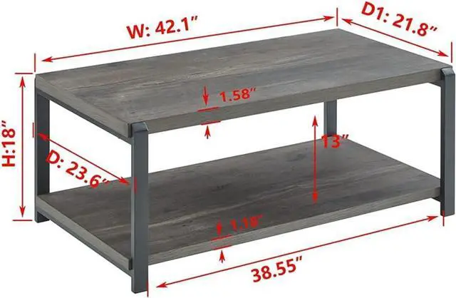 Alt view image 2 of 7 - EXCEFUR Coffee Table with Storage Shelf, Rustic Wood and Metal Cocktail Table for Living Room, Grey