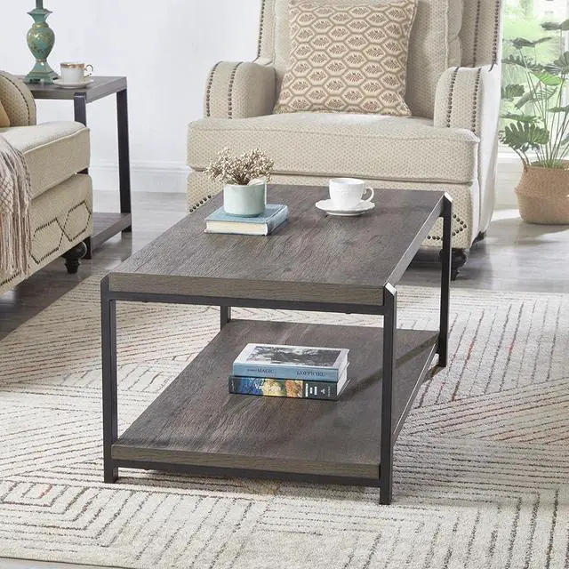 Alt view image 7 of 7 - EXCEFUR Coffee Table with Storage Shelf, Rustic Wood and Metal Cocktail Table for Living Room, Grey