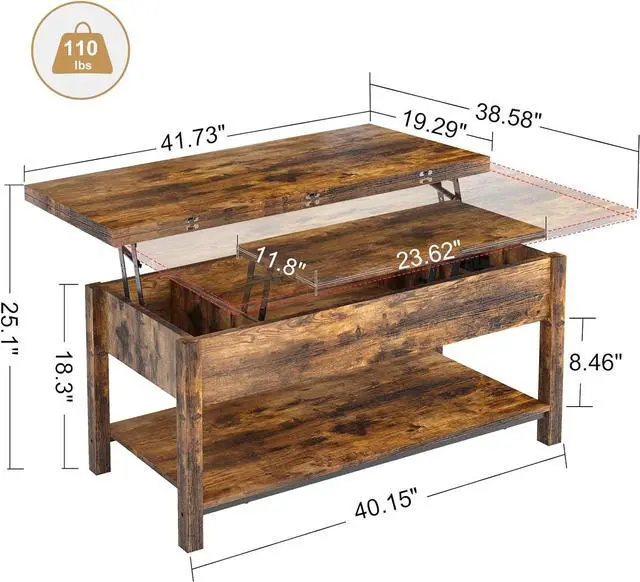 Alt view image 3 of 7 - FABATO Lift Top Coffee Table, 4-in-1 Multi-Function Convertible Coffee Table with Storage, Coffee Table Converts to Dining Table for Living Room Reception Room Office, Rustic Brown, 41.73*19.29*18.3