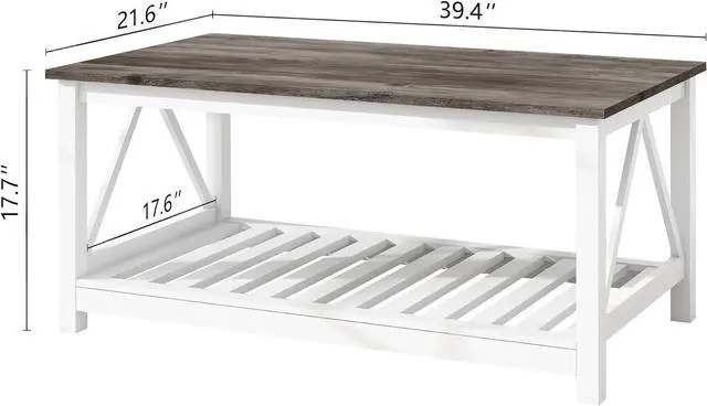 Alt view image 2 of 6 - UYIHOME Farmhouse Coffee Table for Living Room, 2-Tier Rectangular Wooden Centre Cocktail Table with Slats Shelf Storage and V-Shaped Frame, Oak Grey