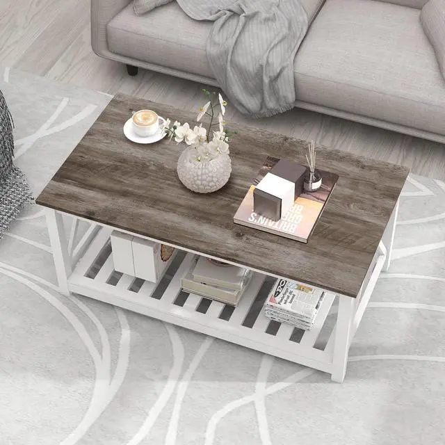 Alt view image 3 of 6 - UYIHOME Farmhouse Coffee Table for Living Room, 2-Tier Rectangular Wooden Centre Cocktail Table with Slats Shelf Storage and V-Shaped Frame, Oak Grey