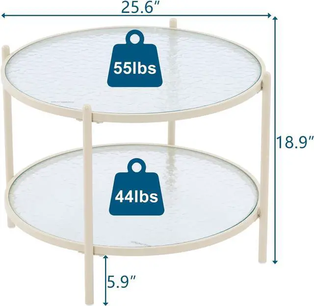 Alt view image 2 of 7 - VINGLI 25.6" Small Cream White Round Coffee Table Water-Wave Glass Circle Clear Coffee Table, Center Table with 2-Tier Modern Storage Design for Living Room, Bedroom, Meeting Room, Balcony, Beige