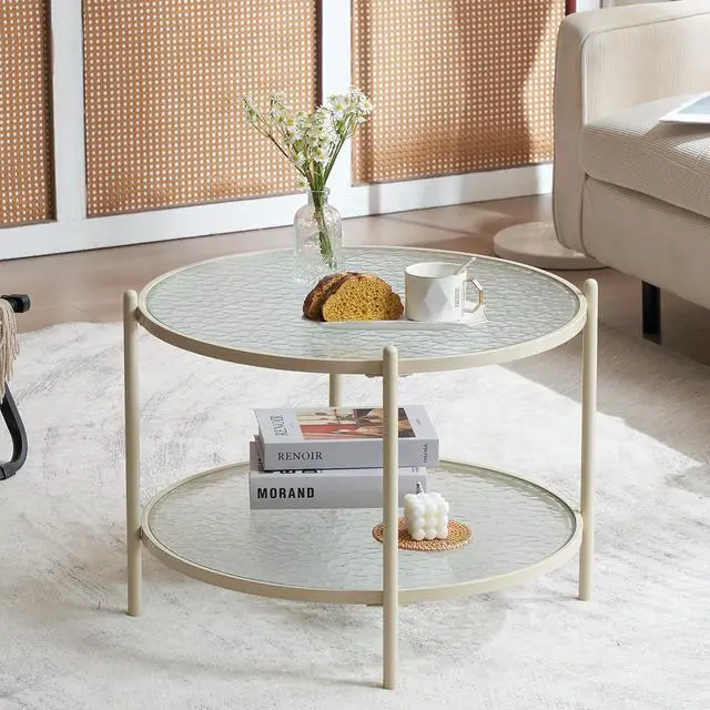 Main image of VINGLI 25.6" Small Cream White Round Coffee Table Water-Wave Glass Circle Clear Coffee Table, Center Table with 2-Tier Modern Storage Design for Living Room, Bedroom, Meeting Room, Balcony, Beige