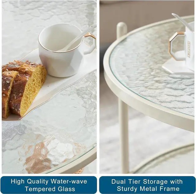 Alt view image 4 of 7 - VINGLI 25.6" Small Cream White Round Coffee Table Water-Wave Glass Circle Clear Coffee Table, Center Table with 2-Tier Modern Storage Design for Living Room, Bedroom, Meeting Room, Balcony, Beige