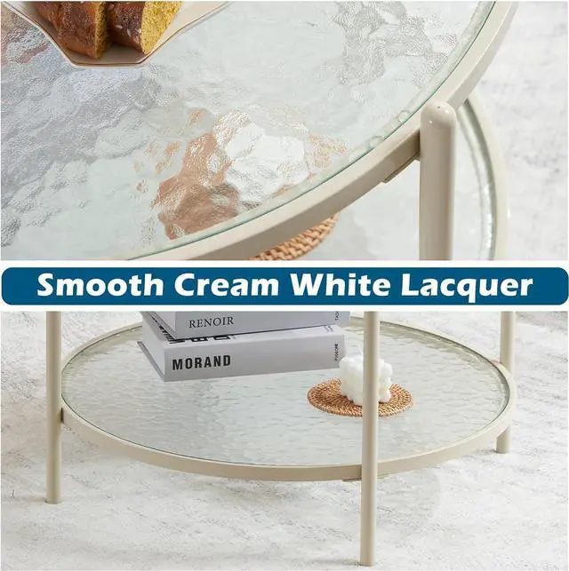 Alt view image 5 of 7 - VINGLI 25.6" Small Cream White Round Coffee Table Water-Wave Glass Circle Clear Coffee Table, Center Table with 2-Tier Modern Storage Design for Living Room, Bedroom, Meeting Room, Balcony, Beige