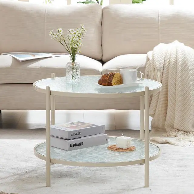Alt view image 7 of 7 - VINGLI 25.6" Small Cream White Round Coffee Table Water-Wave Glass Circle Clear Coffee Table, Center Table with 2-Tier Modern Storage Design for Living Room, Bedroom, Meeting Room, Balcony, Beige