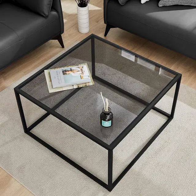 Main image of SAYGOER Glass Coffee Table, Small Modern Coffee Table Square Simple Center Tables for Living Room 26.7 x 26.7 x 15.7 Inches, Gray Black