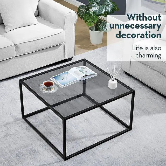 Alt view image 4 of 7 - SAYGOER Glass Coffee Table, Small Modern Coffee Table Square Simple Center Tables for Living Room 26.7 x 26.7 x 15.7 Inches, Gray Black