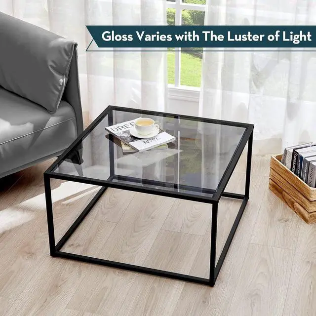 Alt view image 7 of 7 - SAYGOER Glass Coffee Table, Small Modern Coffee Table Square Simple Center Tables for Living Room 26.7 x 26.7 x 15.7 Inches, Gray Black