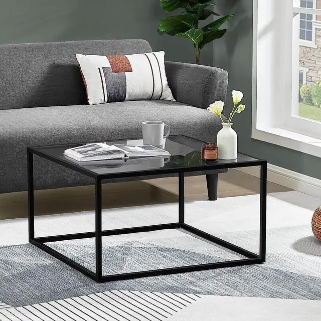 Alt view image 5 of 7 - SAYGOER Glass Coffee Table, Small Modern Coffee Table Square Simple Center Tables for Living Room 26.7 x 26.7 x 15.7 Inches, Gray Black