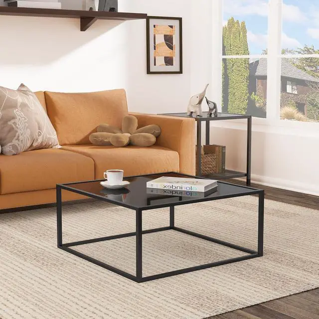 Alt view image 2 of 6 - SAYGOER Black Glass Coffee Table Small Modern Coffee Tables 26.7in Square Tempered Glass-Top Accent Center Table for Living Room Home Office with Black Metal Frame Easy Assembly